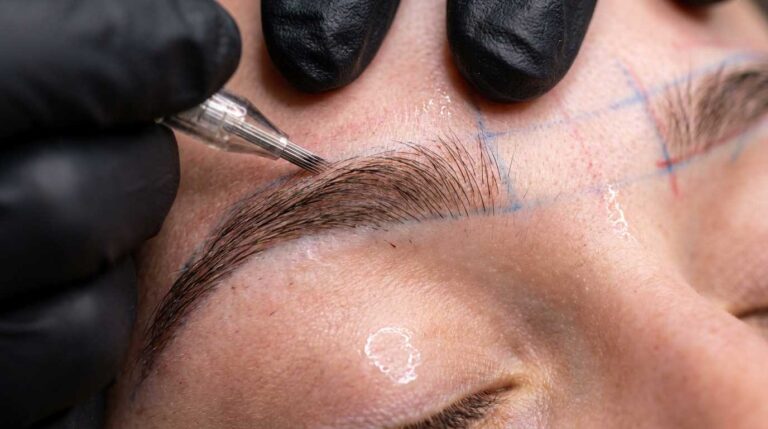نمای نزدیک از اجرای ظریف میکروبلیدینگ و فیبروز ابرو در بهترین مرکز آرایش دائم شیراز