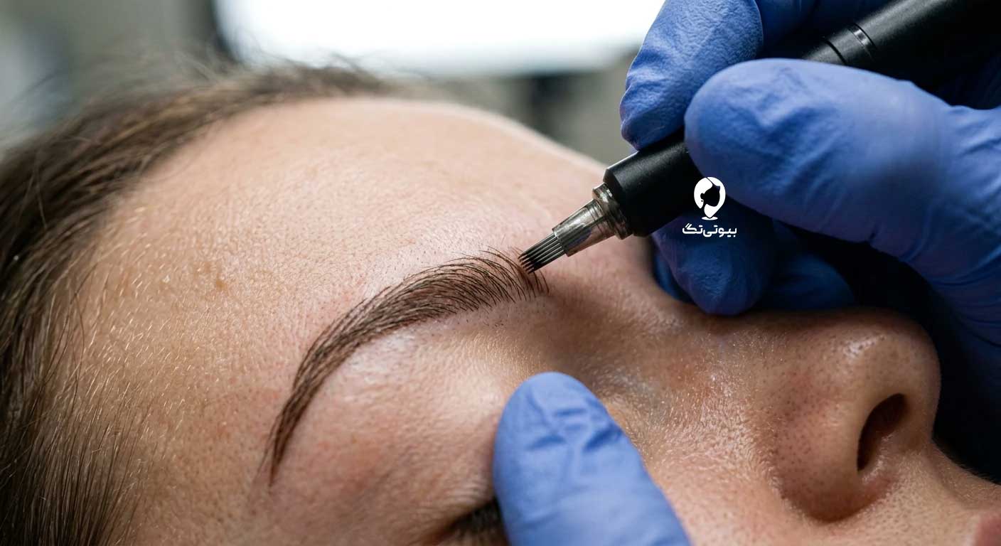 کلوزآپ اجرای تکنیک بولد بروز با خطوط S شکل روی ابروی پوست چرب
